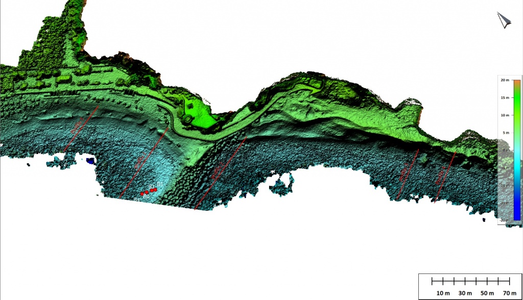Plan view from the profiles used to check the effect of the water refraction correction and real RGB underwater penetration. Plan view from the profiles used to check the effect of the water refraction correction and real RGB underwater penetration.